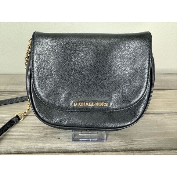 Michael Kors Bedford Flap Black Leather Front Chain Strap‎ Crossbody Bag - Picture 3 of 12